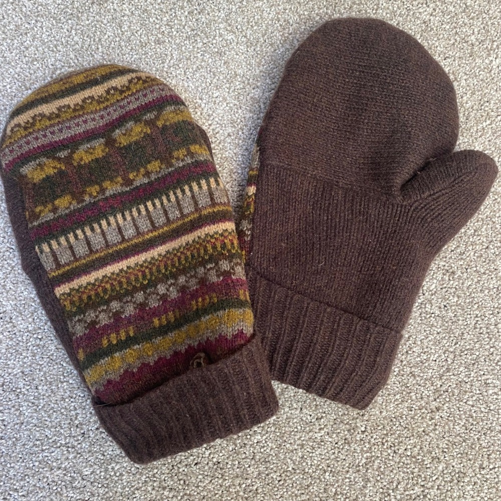 Unbranded Fair Isle Wool Mittens‎ Womens OS Brown Multi Excellent Fleece Lined